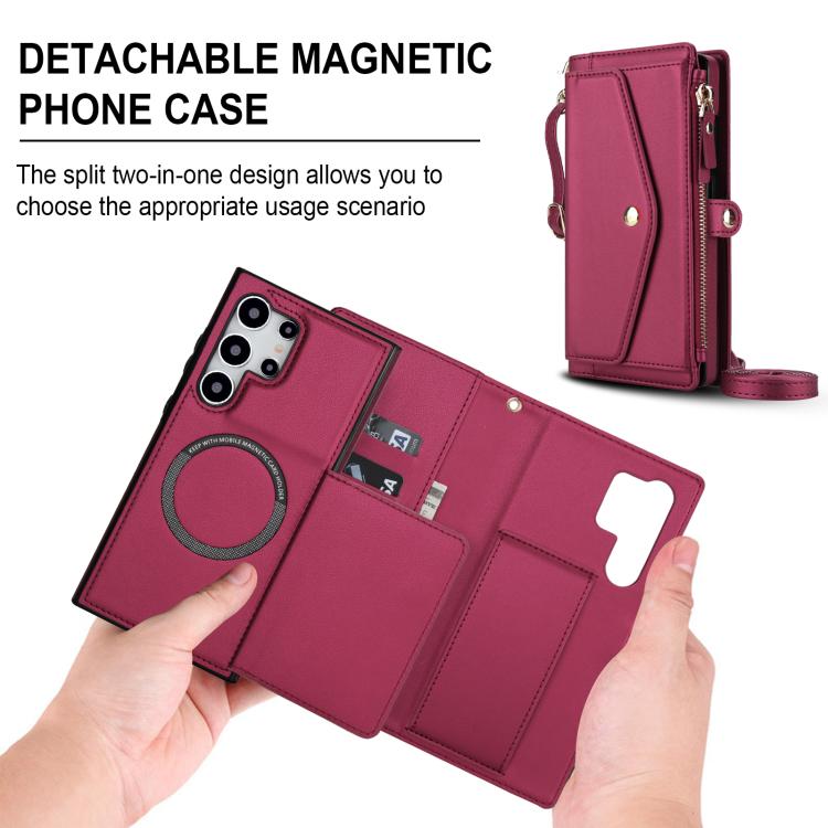 Funda de cuero desmontable con cordón para Samsung Galaxy S24 Ultra 5G (multifuncional, color rojo)