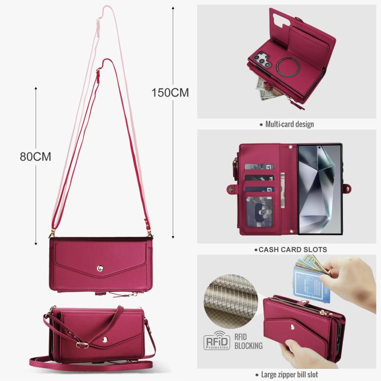 Funda de cuero desmontable con cordón para Samsung Galaxy S24 Ultra 5G (multifuncional, color rojo)