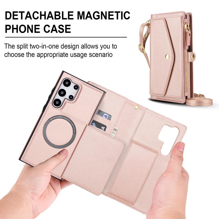 Funda de cuero desmontable con cordón para Samsung Galaxy S24 Ultra 5G (oro rosa)