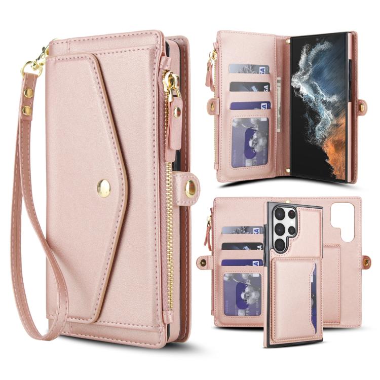 Funda de cuero desmontable con cordón para Samsung Galaxy S23 Ultra 5G (oro rosa)