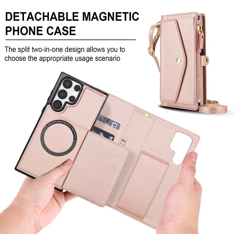 Funda de cuero desmontable con cordón para Samsung Galaxy S23 Ultra 5G (oro rosa)