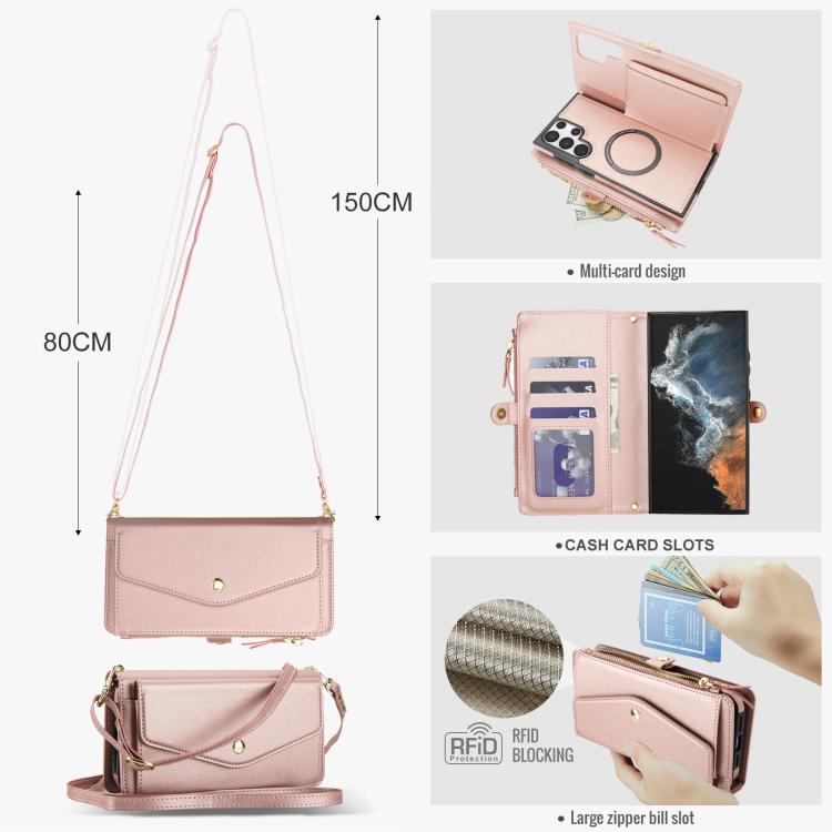 Funda de cuero desmontable con cordón para Samsung Galaxy S22 Ultra 5G (oro rosa)