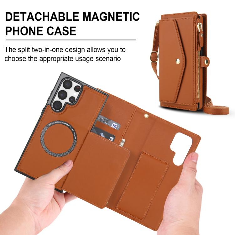 Funda de cuero desmontable con cordón para Samsung Galaxy S22 Ultra 5G (marrón)