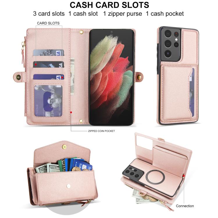Funda de cuero desmontable con cordón para Samsung Galaxy S21 Ultra 5G (oro rosa)