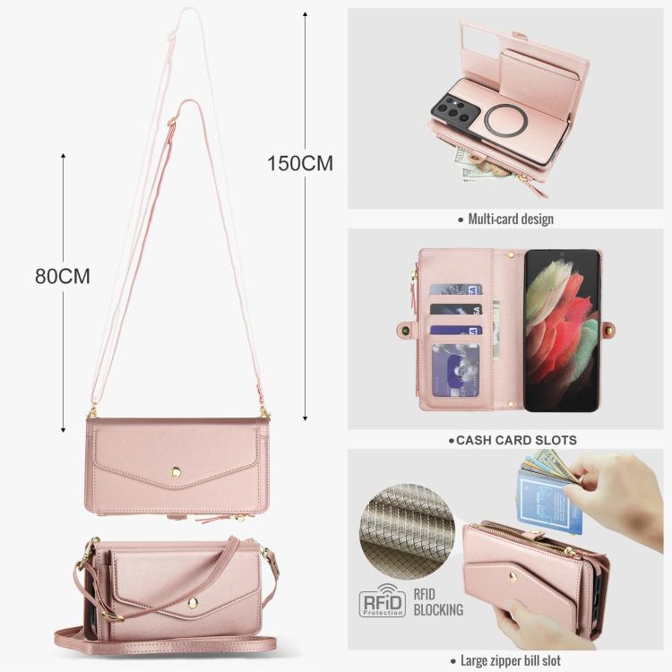 Funda de cuero desmontable con cordón para Samsung Galaxy S21 Ultra 5G (oro rosa)