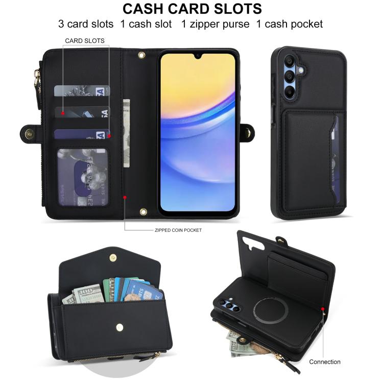 Funda de cuero desmontable con cordón para Samsung Galaxy A15 4G/5G (negro)