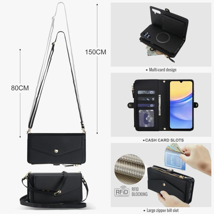 Funda de cuero desmontable con cordón para Samsung Galaxy A15 4G/5G (negro)