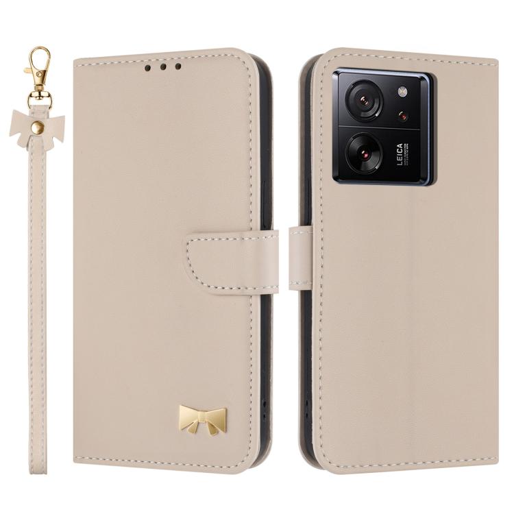 Funda de cuero con lazo metálico y correa para la mano para Xiaomi 13T/13T Pro (albaricoque)