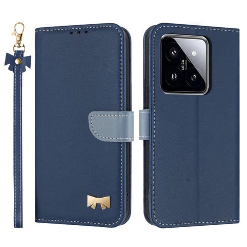 Funda de cuero con lazo metálico y correa para la mano para Xiaomi 14 (azul oscuro)