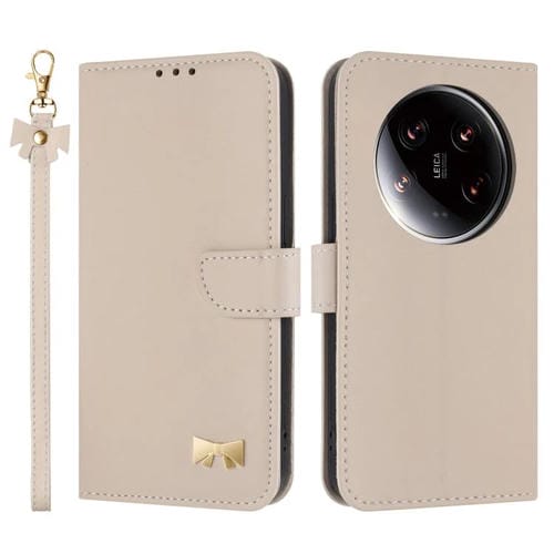 Funda de cuero con lazo metálico y correa para la mano para Xiaomi 14 Ultra (albaricoque)