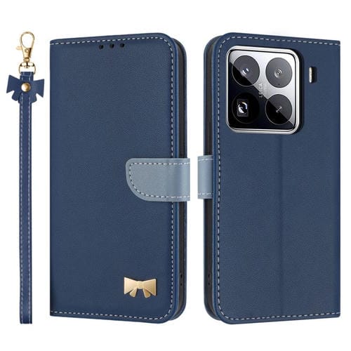 Funda de cuero con lazo metálico y correa para la mano para Xiaomi 15 Pro (azul oscuro)