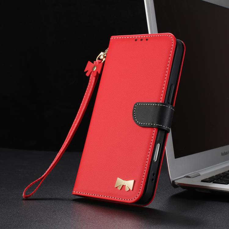 Funda de cuero con lazo metálico y correa para la mano para Xiaomi 14T (roja)