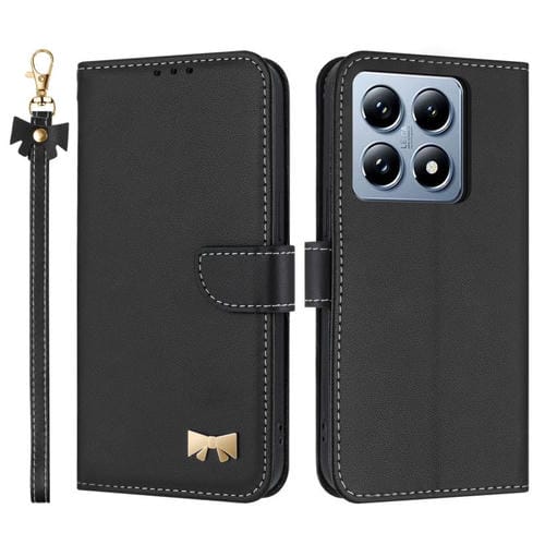 Funda de cuero con lazo metálico y correa para la mano para Xiaomi 14T Pro (negra)