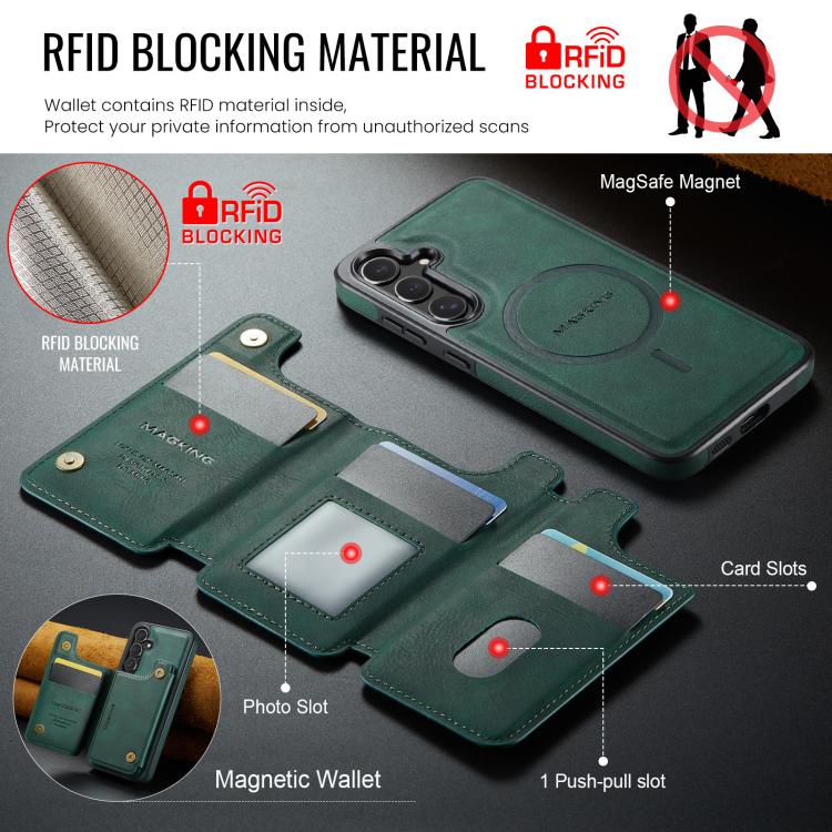 Funda desmontable para Samsung Galaxy S25+ 5G DG.MING MAGKING-K3 Series con ranuras para tarjetas RFID MagSafe (verde)