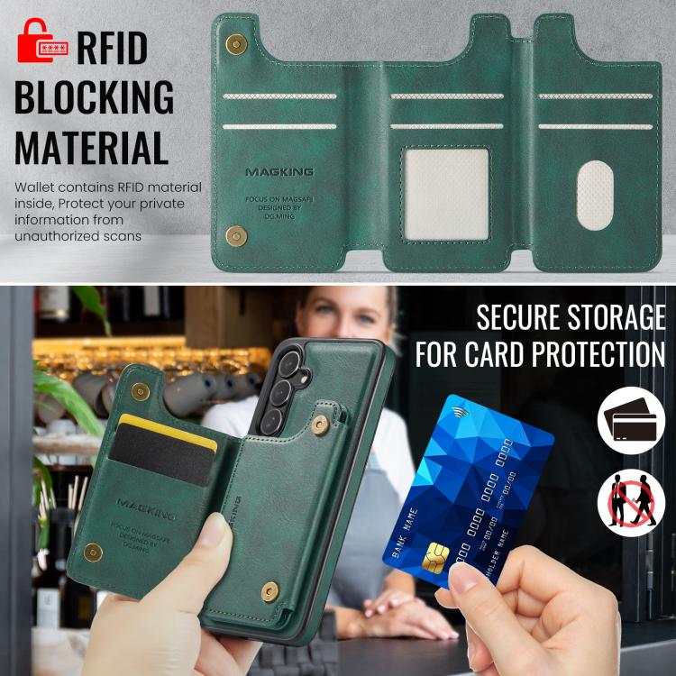 Funda desmontable para Samsung Galaxy S25+ 5G DG.MING MAGKING-K3 Series con ranuras para tarjetas RFID MagSafe (verde)