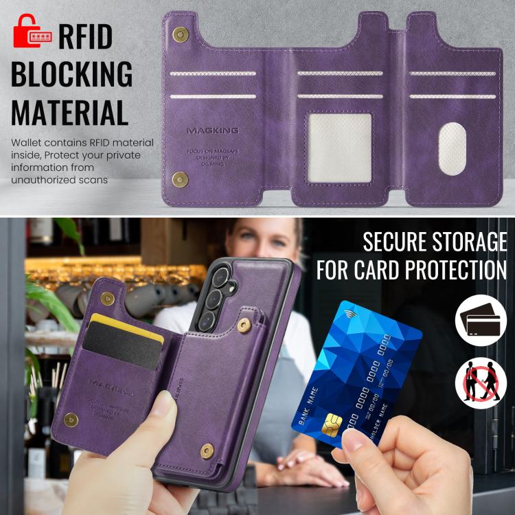 Funda desmontable para Samsung Galaxy S25+ 5G DG.MING MAGKING-K3 Series con ranuras para tarjetas RFID MagSafe (morado)