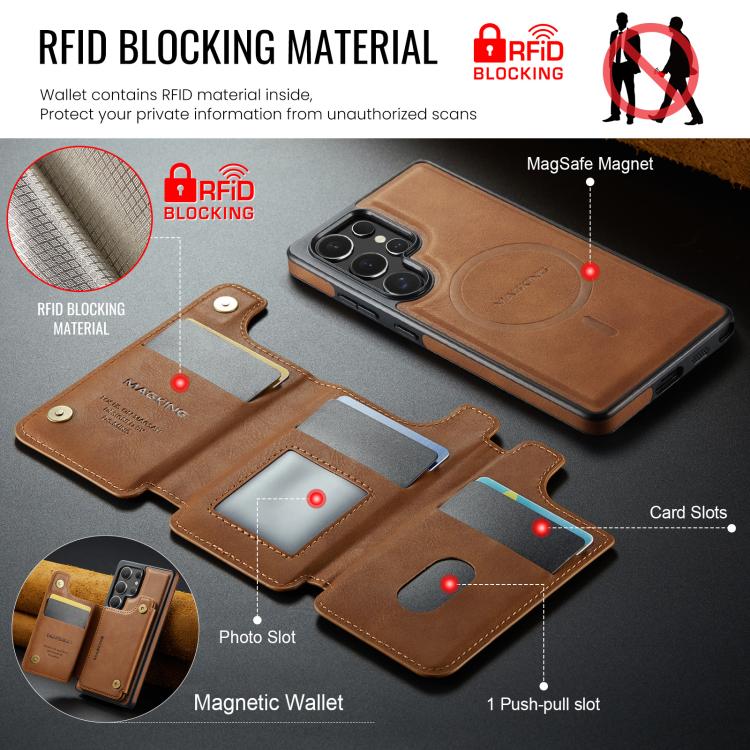Funda desmontable para Samsung Galaxy S25 Ultra 5G DG.MING MAGKING-K3 Series con ranuras para tarjetas RFID MagSafe (marrón)