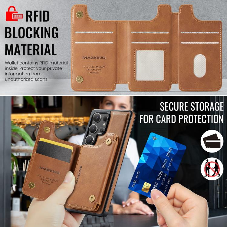 Funda desmontable para Samsung Galaxy S25 Ultra 5G DG.MING MAGKING-K3 Series con ranuras para tarjetas RFID MagSafe (marrón)