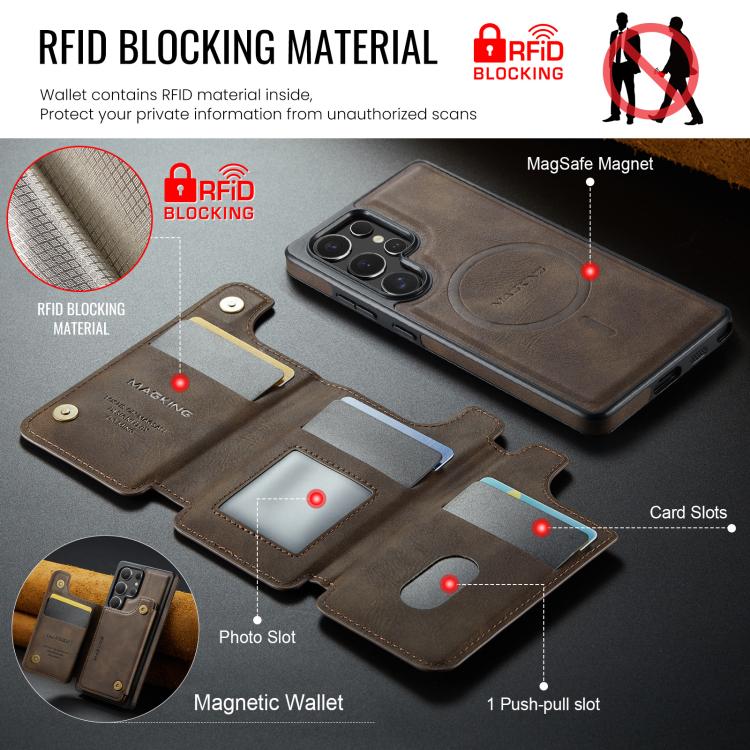 Funda desmontable para Samsung Galaxy S25 Ultra 5G DG.MING MAGKING-K3 Series con ranuras para tarjetas RFID MagSafe (café)