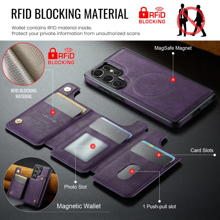 Funda desmontable para Samsung Galaxy S25 Ultra 5G DG.MING MAGKING-K3 Series con ranuras para tarjetas RFID MagSafe (morado)