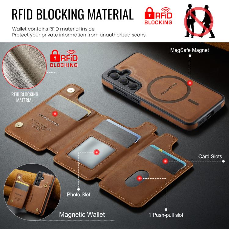 Funda desmontable para Samsung Galaxy S24 5G DG.MING MAGKING-K3 Series con ranuras para tarjetas RFID MagSafe (marrón)