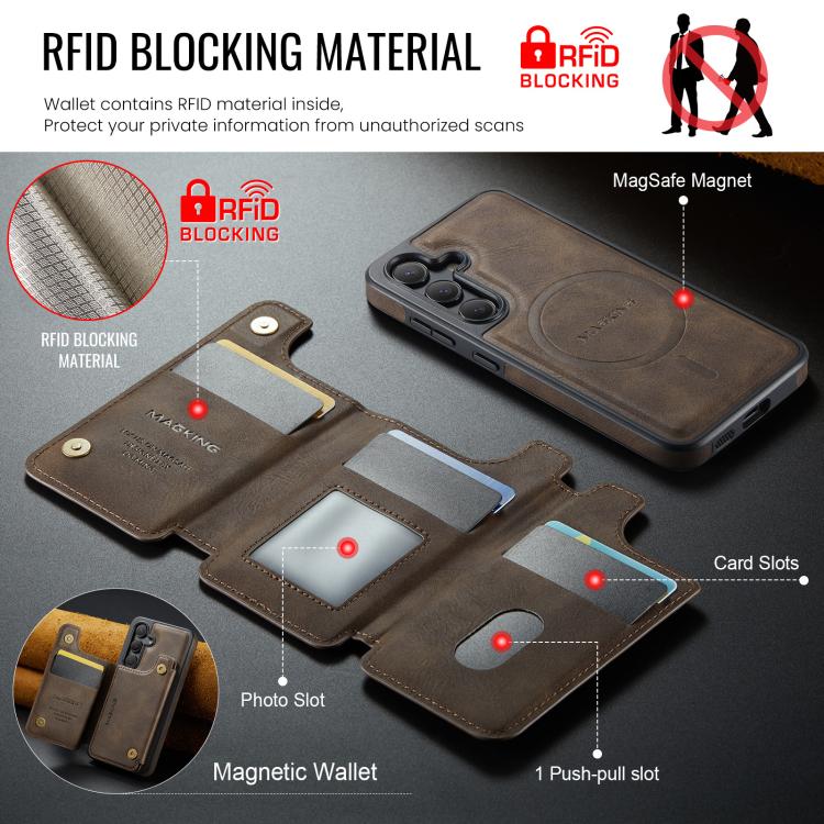 Funda desmontable para Samsung Galaxy S24 5G DG.MING MAGKING-K3 Series con ranuras para tarjetas RFID MagSafe (café)