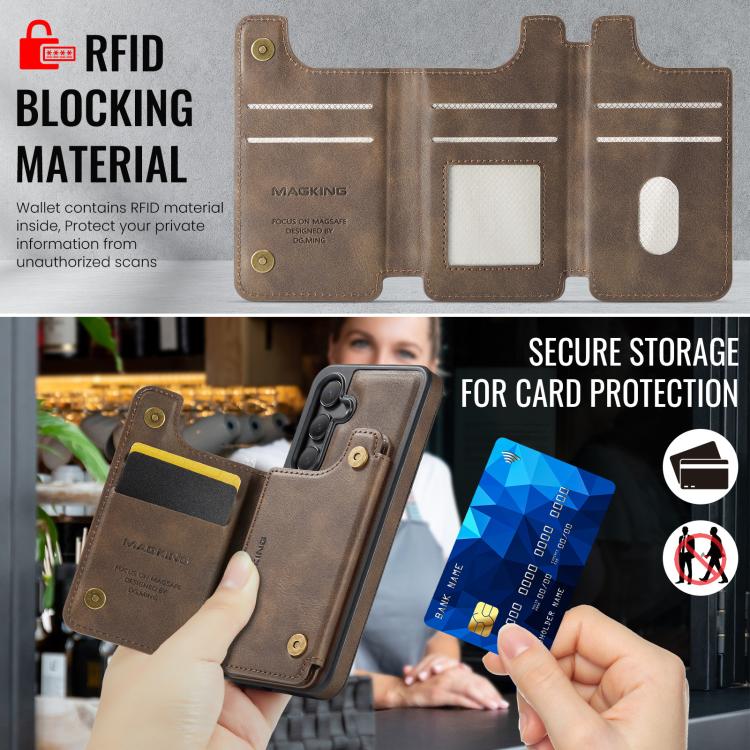 Funda desmontable para Samsung Galaxy S24 5G DG.MING MAGKING-K3 Series con ranuras para tarjetas RFID MagSafe (café)