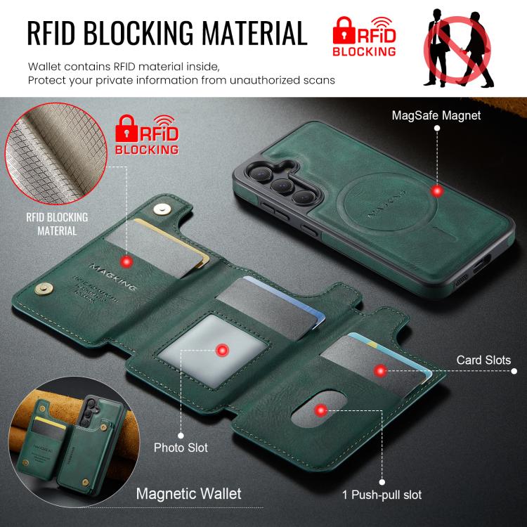 Funda desmontable para Samsung Galaxy S24 5G DG.MING MAGKING-K3 Series con ranuras para tarjetas RFID MagSafe (verde)