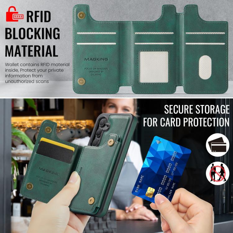 Funda desmontable para Samsung Galaxy S24 5G DG.MING MAGKING-K3 Series con ranuras para tarjetas RFID MagSafe (verde)