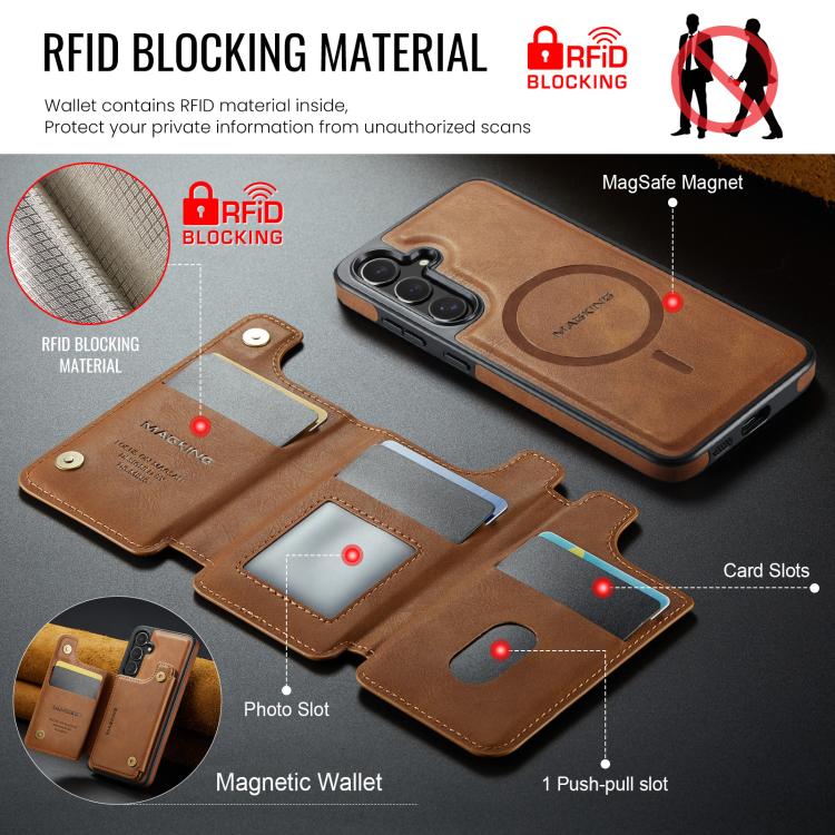 Funda desmontable para Samsung Galaxy S24+ 5G DG.MING MAGKING-K3 Series con ranuras para tarjetas RFID MagSafe (marrón)