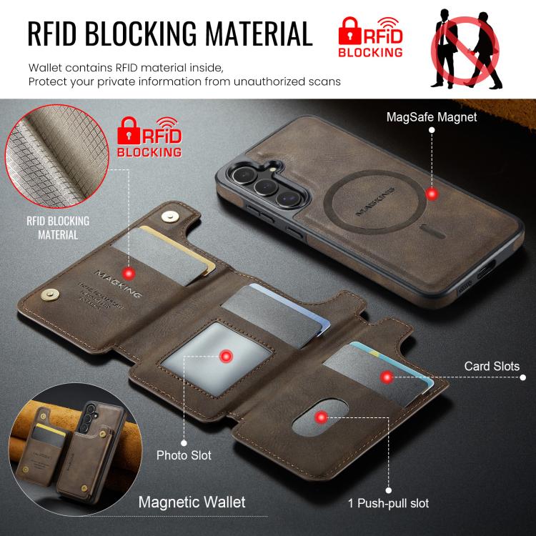 Funda desmontable para Samsung Galaxy S24+ 5G DG.MING MAGKING-K3 Series con ranuras para tarjetas RFID MagSafe (café)