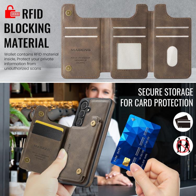 Funda desmontable para Samsung Galaxy S24+ 5G DG.MING MAGKING-K3 Series con ranuras para tarjetas RFID MagSafe (café)