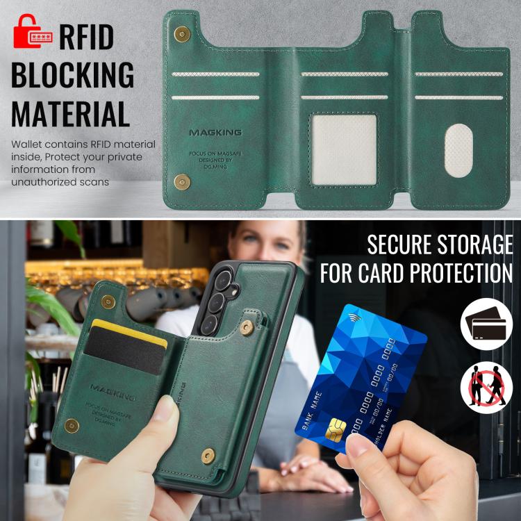 Funda desmontable para Samsung Galaxy S24+ 5G DG.MING MAGKING-K3 Series con ranuras para tarjetas RFID MagSafe (verde)