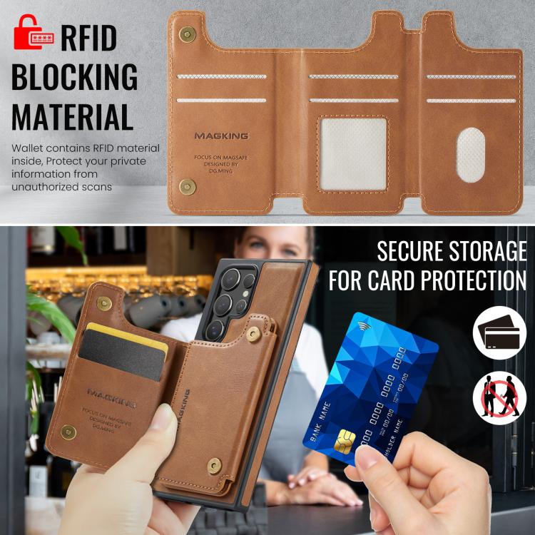 Funda desmontable para Samsung Galaxy S24 Ultra 5G DG.MING MAGKING-K3 Series con ranuras para tarjetas RFID MagSafe (marrón)