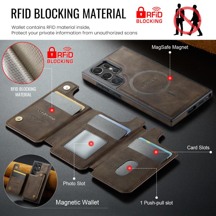 Funda desmontable para Samsung Galaxy S24 Ultra 5G DG.MING MAGKING-K3 Series con ranuras para tarjetas RFID MagSafe (café)