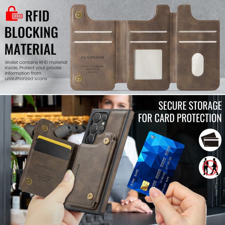 Funda desmontable para Samsung Galaxy S24 Ultra 5G DG.MING MAGKING-K3 Series con ranuras para tarjetas RFID MagSafe (café)