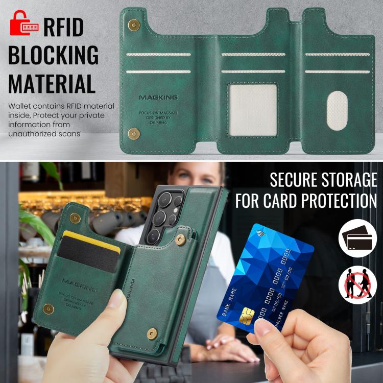 Funda desmontable para Samsung Galaxy S24 Ultra 5G DG.MING MAGKING-K3 Series con ranuras para tarjetas RFID MagSafe (verde)