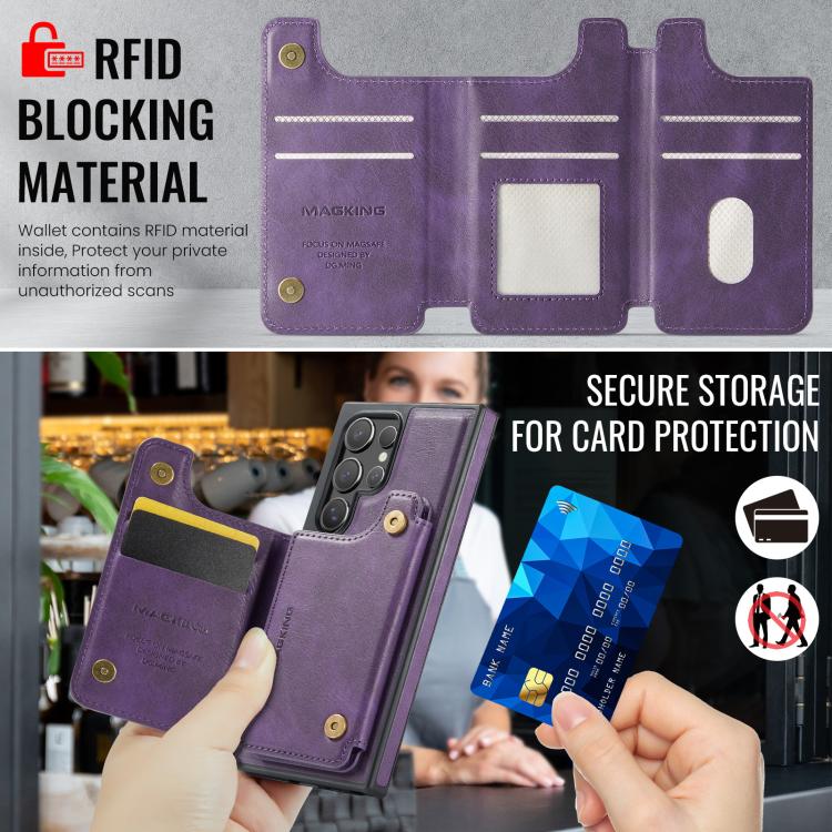 Funda desmontable para Samsung Galaxy S24 Ultra 5G DG.MING MAGKING-K3 Series con ranuras para tarjetas RFID MagSafe (morado)