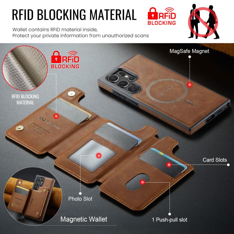 Funda desmontable para Samsung Galaxy S23 Ultra 5G DG.MING MAGKING-K3 Series con ranuras para tarjetas RFID MagSafe (marrón)
