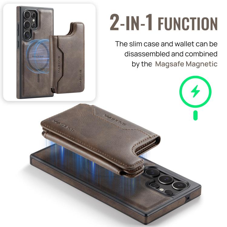 Funda desmontable para Samsung Galaxy S23 Ultra 5G DG.MING MAGKING-K3 Series con tarjetero RFID MagSafe (café)