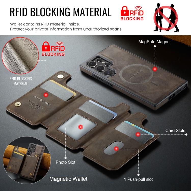 Funda desmontable para Samsung Galaxy S23 Ultra 5G DG.MING MAGKING-K3 Series con tarjetero RFID MagSafe (café)