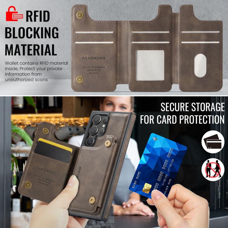 Funda desmontable para Samsung Galaxy S23 Ultra 5G DG.MING MAGKING-K3 Series con tarjetero RFID MagSafe (café)