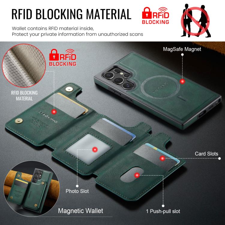 Funda desmontable para Samsung Galaxy S23 Ultra 5G DG.MING MAGKING-K3 Series con ranuras para tarjetas RFID MagSafe (verde)