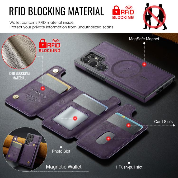 Funda desmontable para Samsung Galaxy S23 Ultra 5G DG.MING MAGKING-K3 Series con ranuras para tarjetas RFID MagSafe (morado)