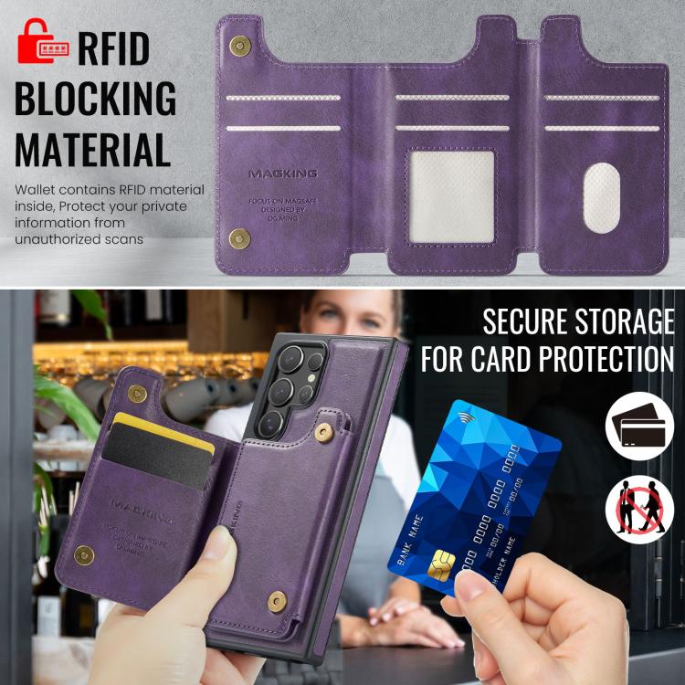 Funda desmontable para Samsung Galaxy S23 Ultra 5G DG.MING MAGKING-K3 Series con ranuras para tarjetas RFID MagSafe (morado)