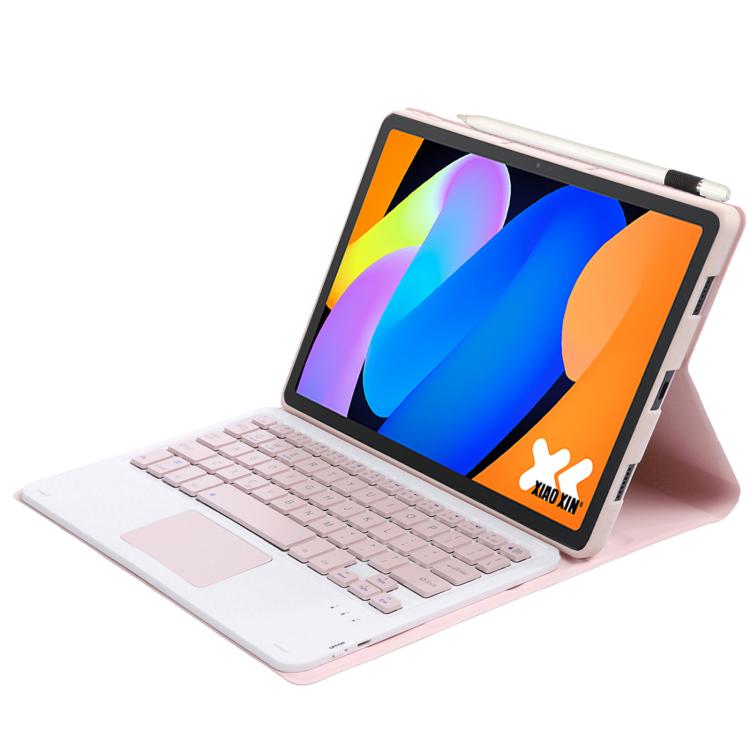 Funda ultrafina de cuero con teclado Bluetooth desmontable y panel táctil para Lenovo Xiaoxin Pad de 11 pulgadas (2025 AM31-A) (rosa y blanco)