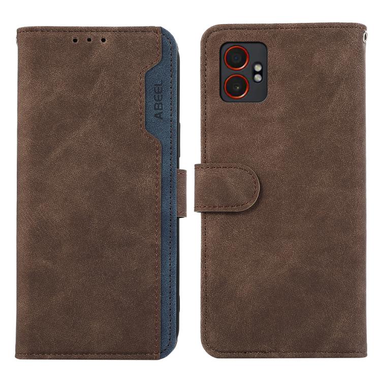 Funda de cuero magnética RFID ABEEL con diseño de bloques de color para Samsung Galaxy XCover7 Pro (marrón-azul)
