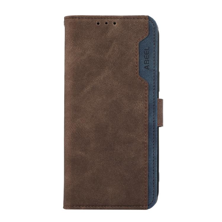 Funda de cuero magnética RFID ABEEL con diseño de bloques de color para Samsung Galaxy XCover7 Pro (marrón-azul)