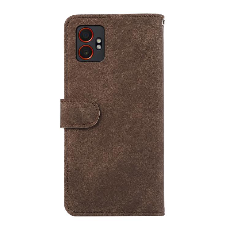 Funda de cuero magnética RFID ABEEL con diseño de bloques de color para Samsung Galaxy XCover7 Pro (marrón-azul)
