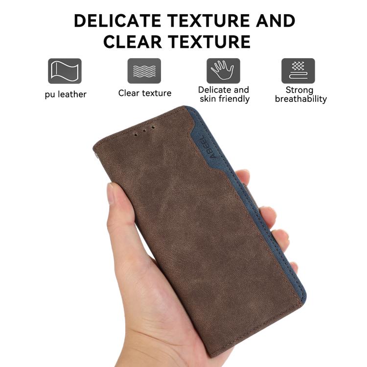 Funda de cuero magnética RFID ABEEL con diseño de bloques de color para Samsung Galaxy XCover7 Pro (marrón-azul)